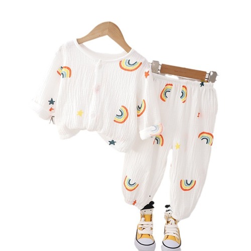 Children's thin double-layer cotton gauze pajamas for babies, summer dresses for girls, home wear for boys, handsome lantern pants set