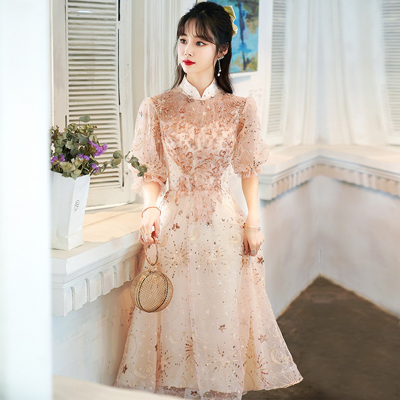 Chinoiserie Evening Dress for Women's Banquet Elegant Champagne Color Accessible Luxury Niche Classy Dress Bridesmaid Dress Can Be Worn at Ordinary Times