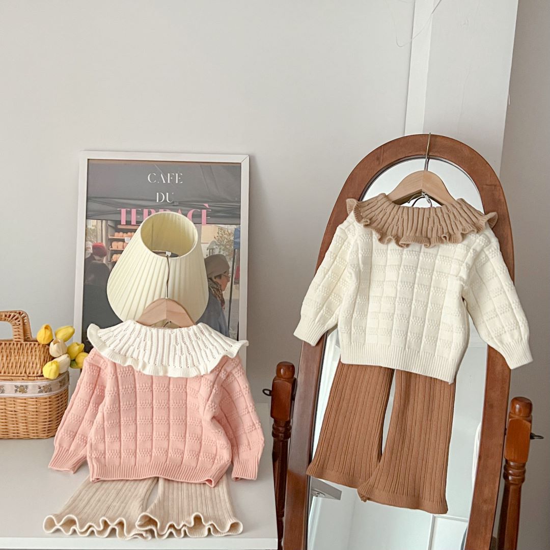 Giacca lavorata a maglia in due pezzi da ragazza 2023 autunno / inverno nuovo cardigan con risvolto grande per ragazza coniglio con maglione carino_voghion.com