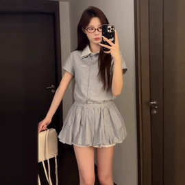 韩系学院风条纹衬衫连衣裙女夏新款感小个子收腰a字花苞裙子