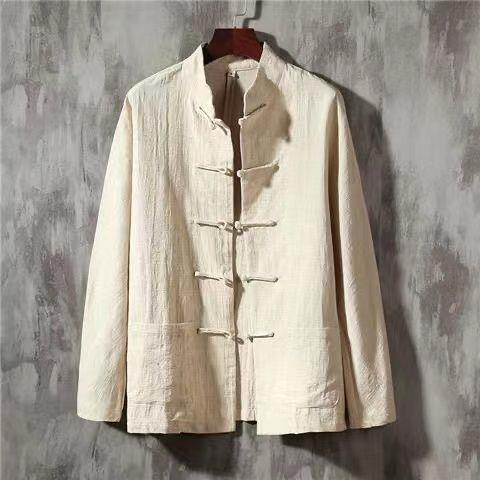 Primavera y otoño algodón y lino traje Tang top de manga larga para hombre traje de padre de mediana edad y anciano traje de Tai Chi chino camisa de fondo estilo chino retro chino image 4