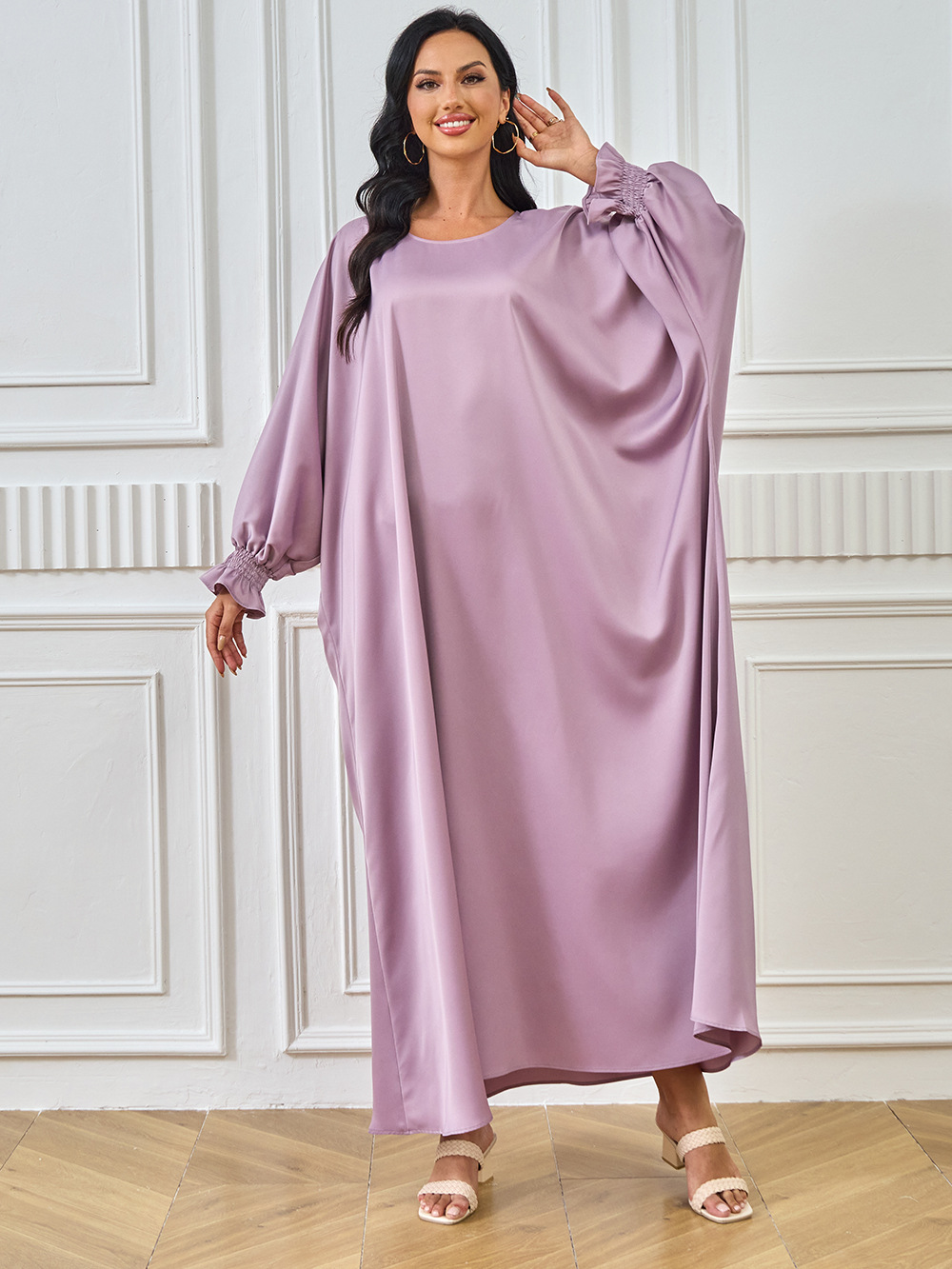 2024 New Cross-Border Abaya Dubai Muslim Middle Eastern Women's Long Robe Solid Color Dress_ecoleips.com