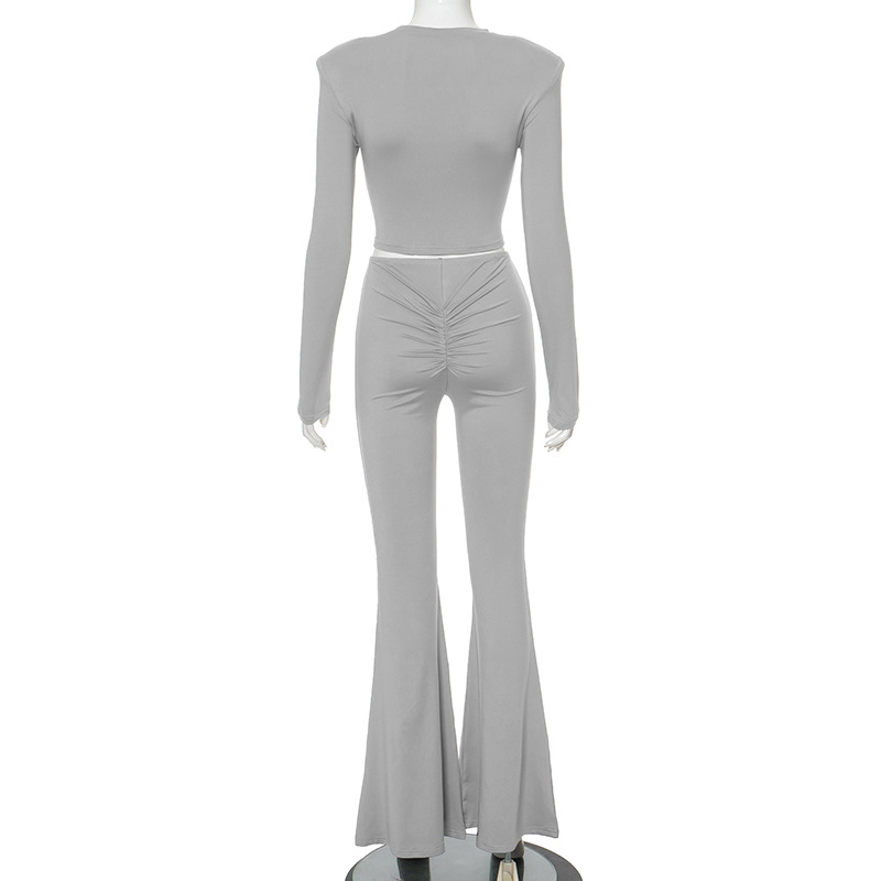 Women Clothing Summer Solid Color Padded Shoulder Long Sleeve Top High Waist Trousers Set