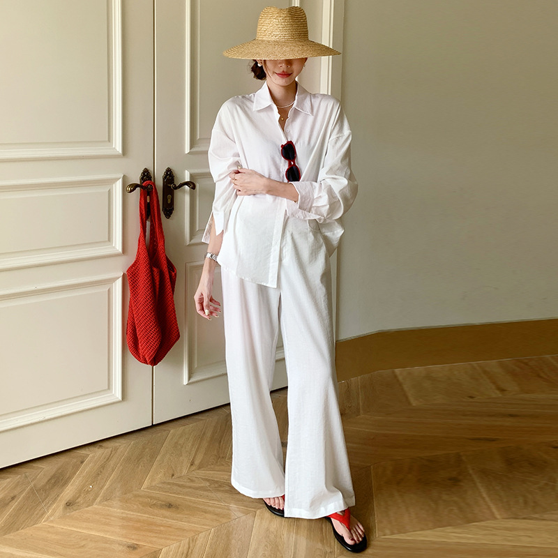 2026 Summer Old Money Style Sun-Protective Linen Shirt Set for Women, Drapey Wide-Leg Pants, Elegant Loose Two-Piece Set
