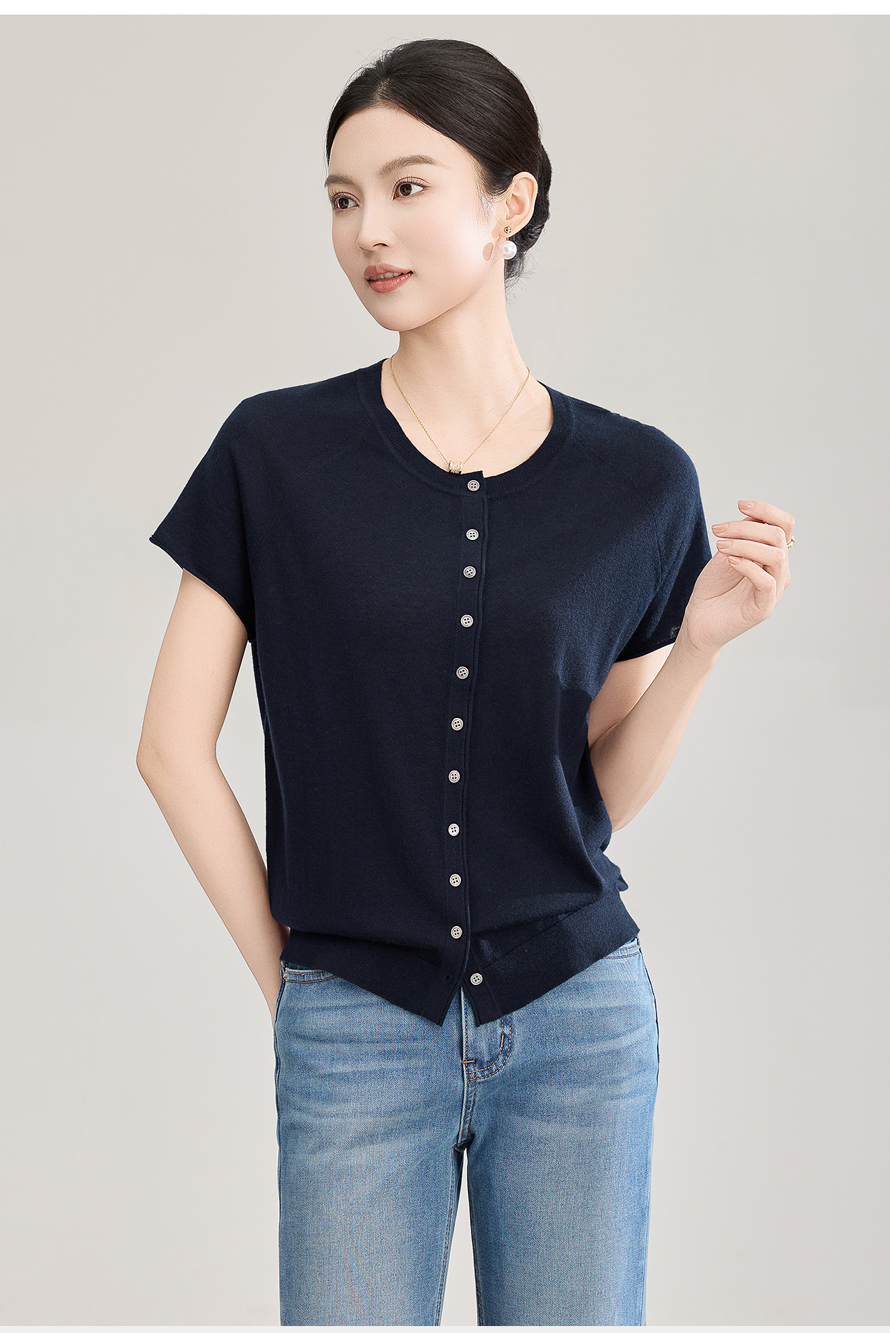 Áo cardigan len nhỏ tay ngắn dáng rộng phong cách lười biếng — màu xanh navy chi tiết 5