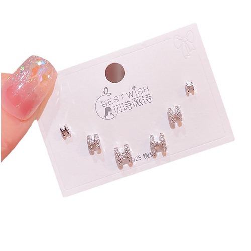 2024新品H字母锆石气质三对装耳钉 女韩版银针个性高级感耳环
