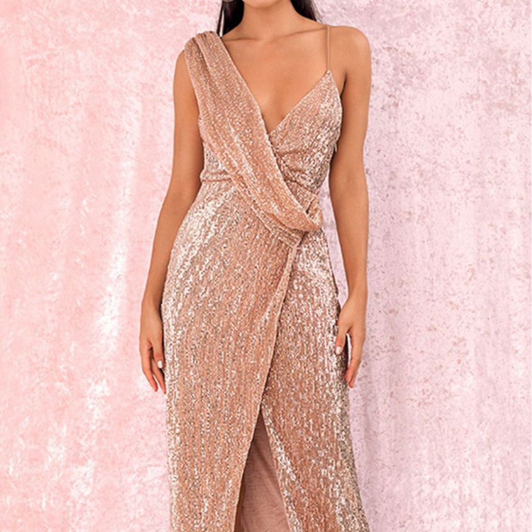 2025 New Spring and Summer Banquet Design Sense One-Shoulder Sequin Golden Heavy Industry Evening Dress Women's Fishtail Dress dress