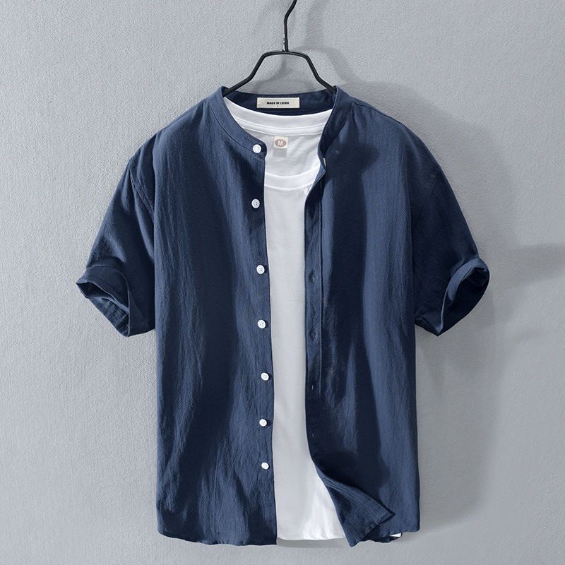 Camisa de manga corta de algodón y lino con cuello alto, ropa superior de lino de verano para hombres, camisa de lino de cuello redondo casual blanco para hombres