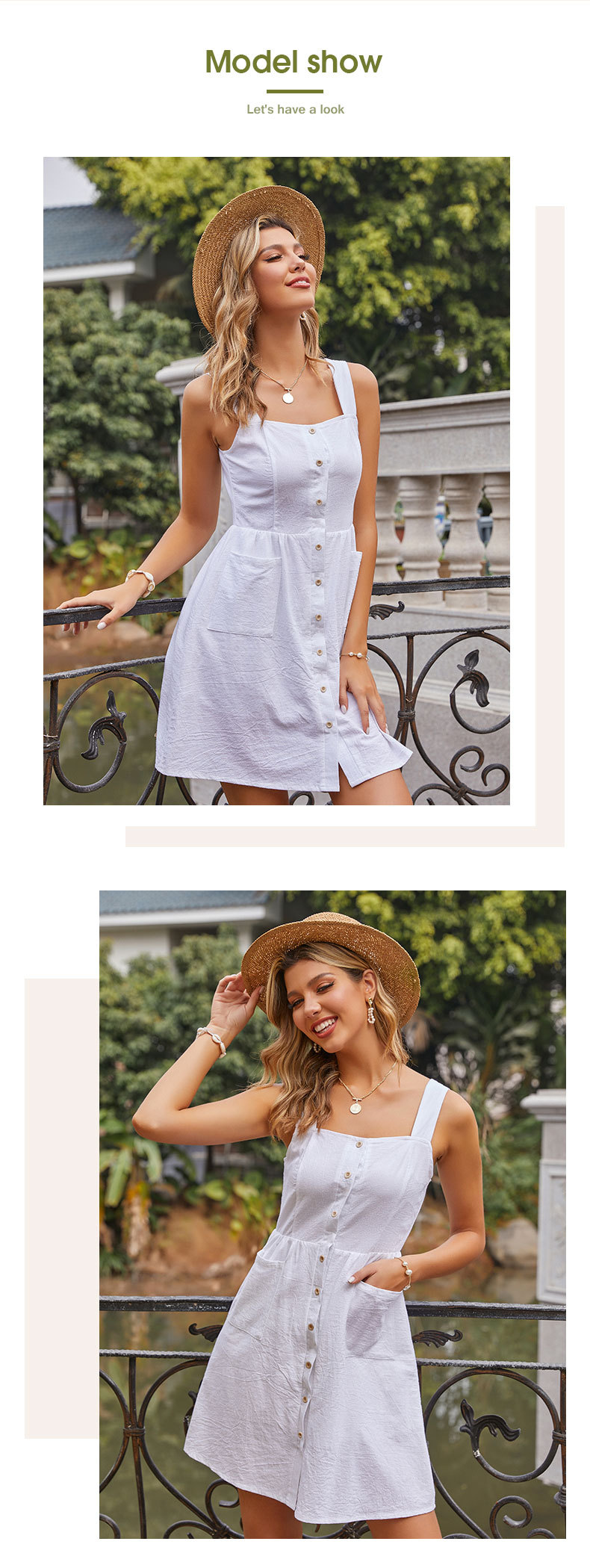 summer new cotton and linen solid color pocket button vest dress NSYYF61482