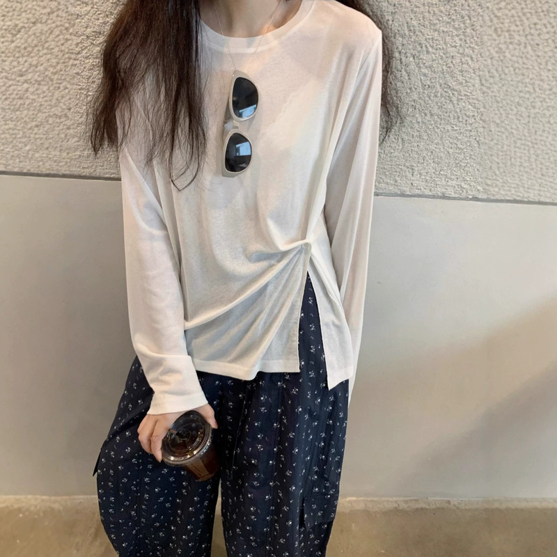 Irregular side button slit design white sheer long-sleeve t-shirt for women, summer thin semi-transparent sun protection top