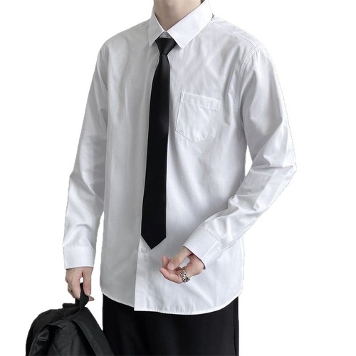 Spring and Autumn White Men's Loose Trendy Hong Kong Style Long-Sleeve Plain Color Shirt for Students Casual Slouchy Hoodlum Top