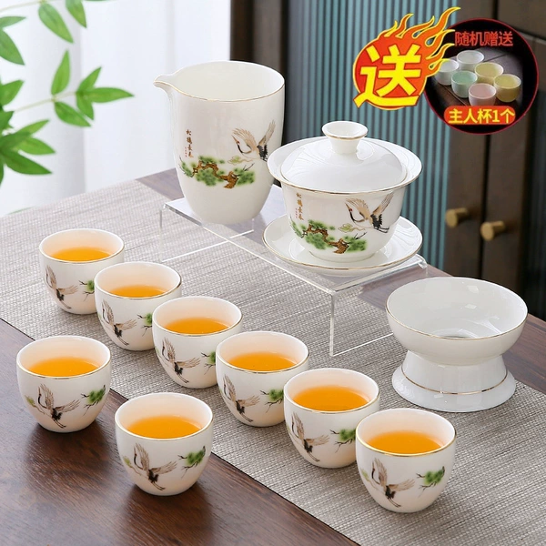 Set of 12-piece mutton fat jade (pine crane prolongs life) gold drawing