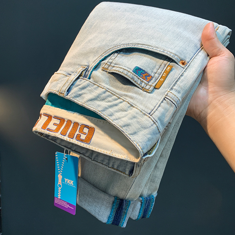 Summer Casual Jeans Men's Light Color Retro White-grinded Slim-fit Cropped Pants High-end Light Luxury Leggings Stretch Men's Pants