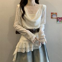 2025秋季新款法式复古气质减龄蕾丝拼接长袖T恤女修身显瘦上衣潮