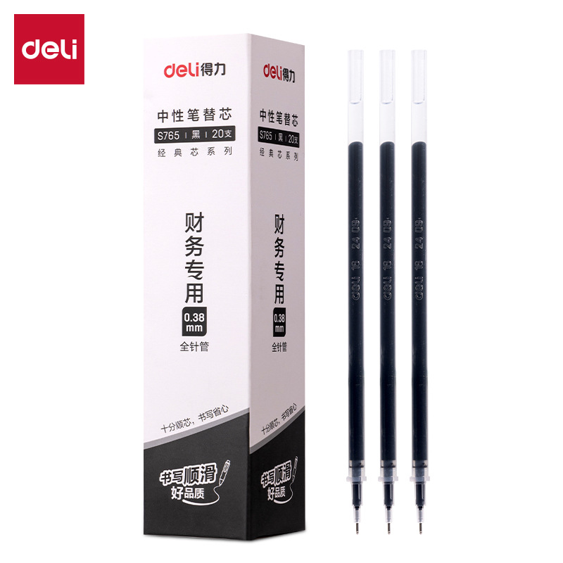 Deli S765 Gel Pen Refill 0.38mm Fine Tip Black Ink Pen Replacement Refill Full Needle Tube Pen Refill