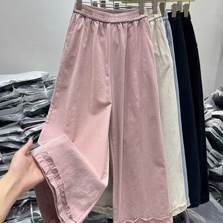Pink Color Edge Design Casual Wide-Leg Pants for Women, Summer Versatile Loose-Fitting Cropped Straight Pants Pink Color Edge Design Casual Wide-Leg Pants for Women, Summer Versatile Loose-Fitting Cropped Straight Pants