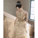 香槟色挂脖晚礼服2025新款成人礼生日宴会轻奢小众高端艺考蓬蓬裙