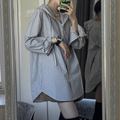 JYCCCQCC ニッチデザインルーズオーバーサイズフード付きミドル丈ストライプシャツ多用途日焼け止め服