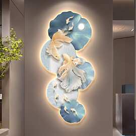 高级感九鱼图玄关装饰画入户正对门口挂画过道走廊尽头LED壁灯画