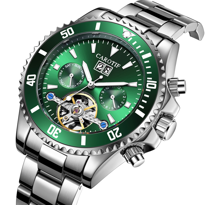 Caro Tifu TikTok popular automatic mechanical watch men's watch hollow multi-function Watch green ghost watch waterproof luminous