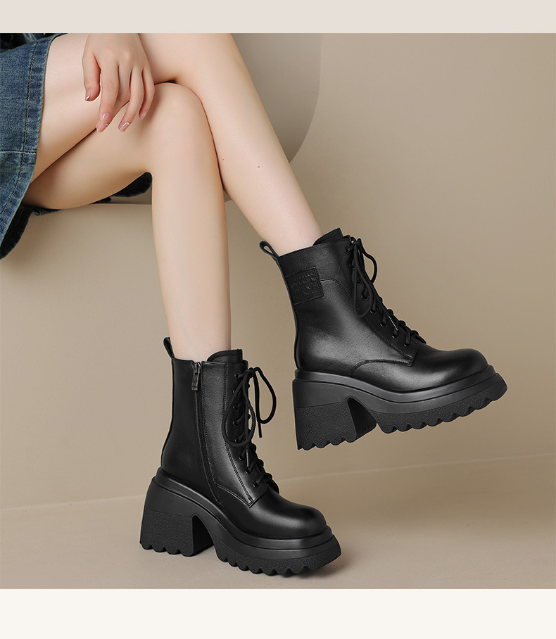 Boot nữ da thật mùa thu đông 2025, dây buộc, đế dày tăng chiều cao, gót vuông thô — Lớp lót đơn màu be, Lớp lót nhung đen, Lớp lót nhung màu be, Lớp lót đơn màu đen chi tiết 8