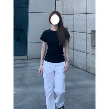 修身显瘦黑色辣妹小上衣夏季新款甜辣短袖紧身正肩T恤打底衫女装