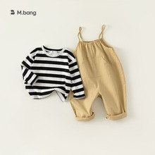 邦选春秋款儿童套装条纹长袖背带裤男宝宝衣服简约秋装男童两件套