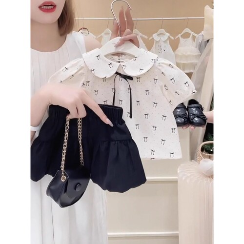 Fancy Set for Girls - Summer New Children's College Style Baby Collar Top and Floral Shorts Two-Piece Set for Baby Girls