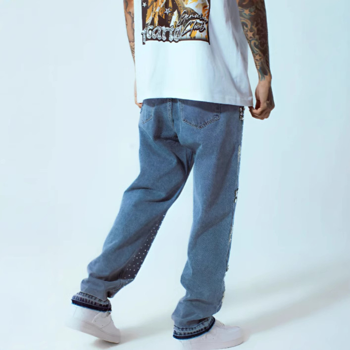 2025 Europa y América comercio exterior transfronterizo diseño de alta calle estilo casual relajado rectas pantalones jeans de diamante para hombre