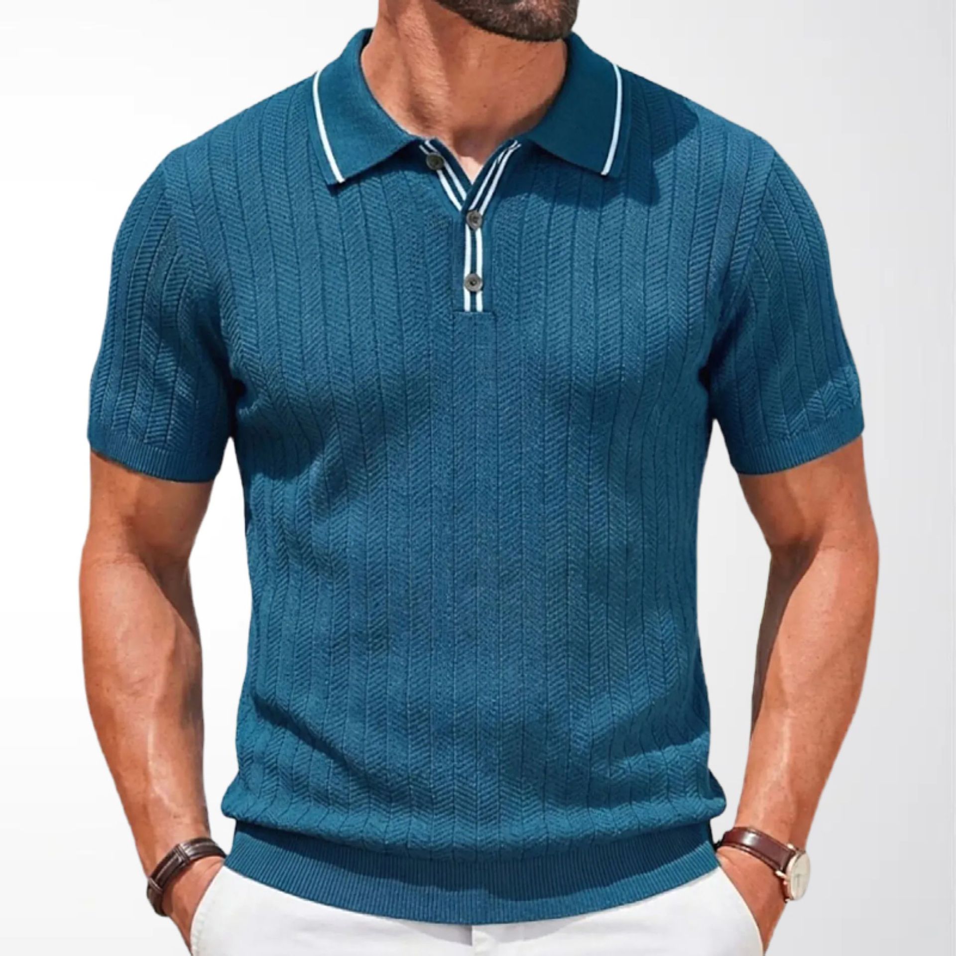 K Men's Short Sleeved Knitted Sweater, Business Casual Lapel, Twisted Flower Striped Polo Shirt_viptrois.com