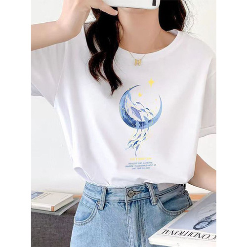 Cotton Loose Short Sleeve T-shirt for Women - Summer New Arrival, Beautiful Top with Moon Print Design, Round Neck for Spring and Autumn