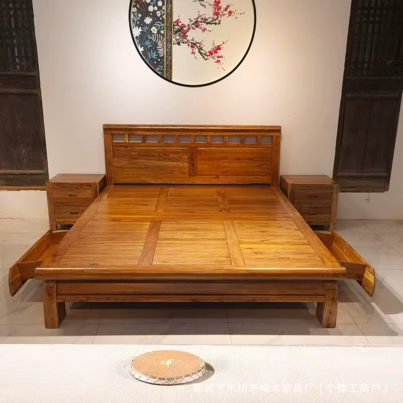 Домашняя спальня Старый вяза двуспальная кровать Ретро B & B Отель кровать из массива дерева минималистичный хранения мебель кровать в китайском стиле