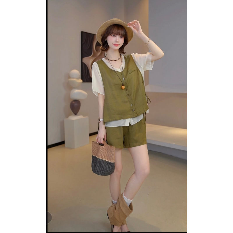 ViviQi Design Tencel Ramie Color Block Vest Top and Shorts Slimming Set R314