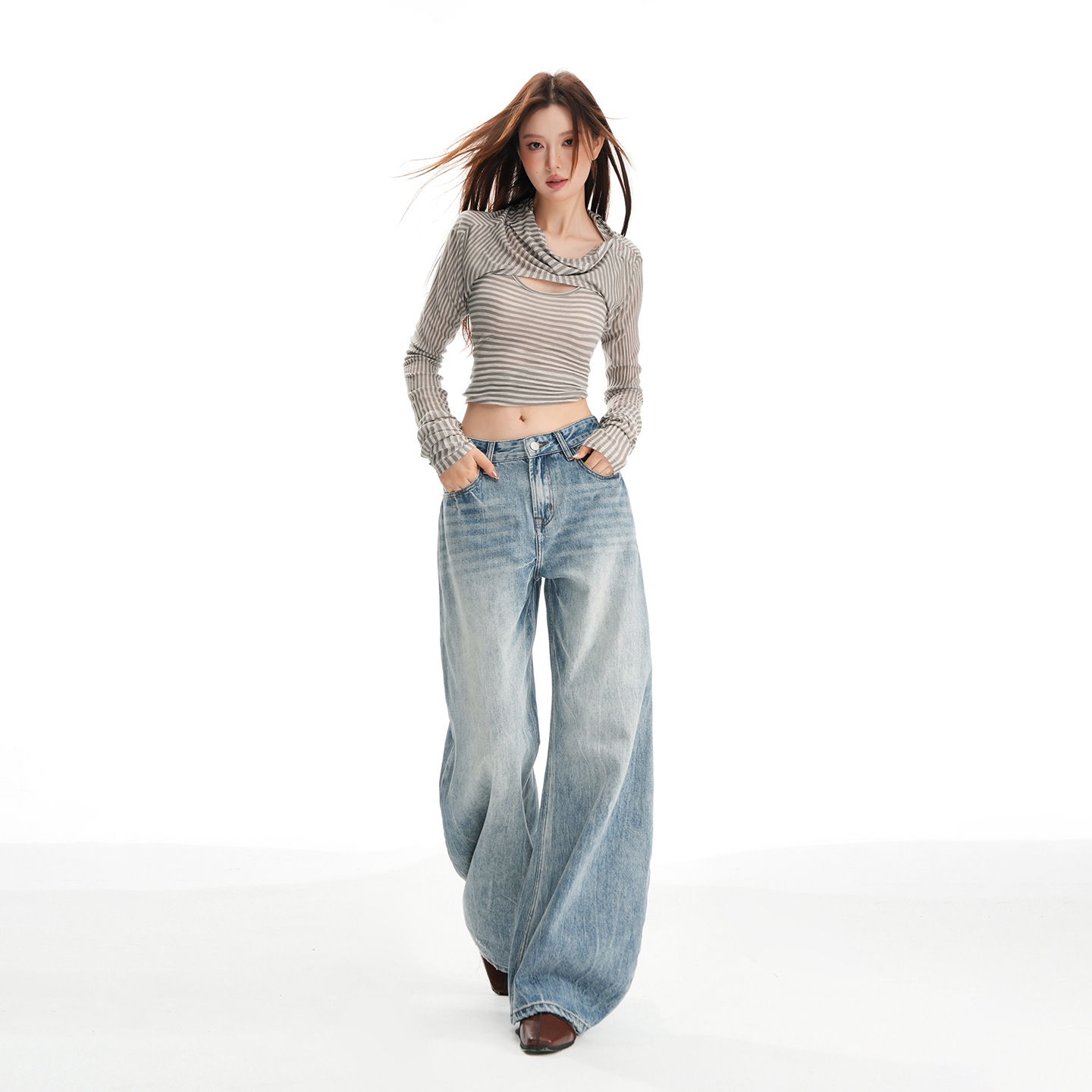 Women’s High-Waisted Straight-Leg Jeans – Vintage Washed Blue Wide-Leg Denim Pants With Flowy Silhouette_voghion.com