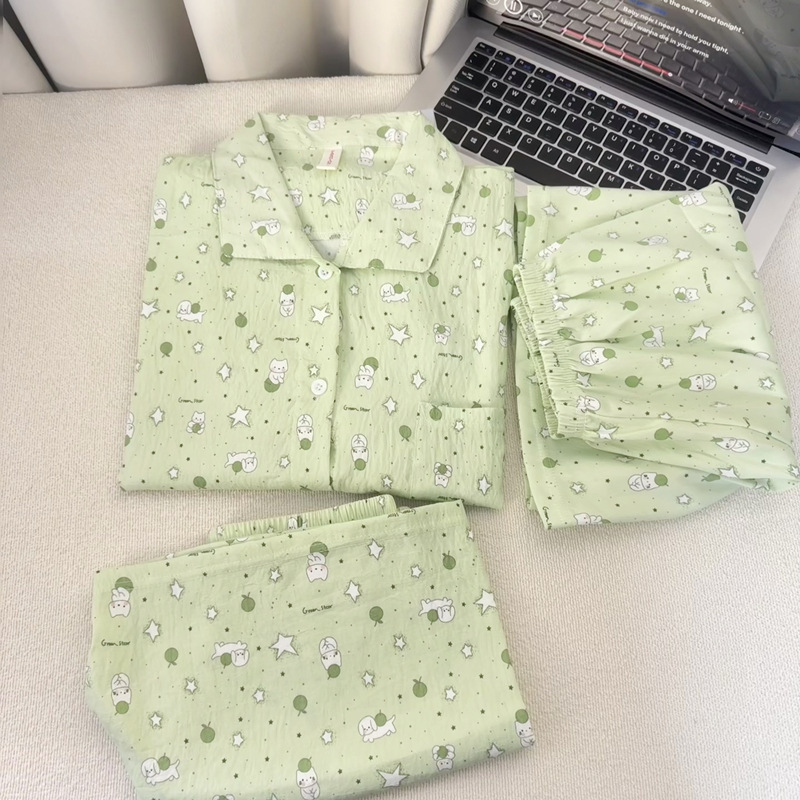 Pijamas de amor dulce de color, pantalones de manga corta de hilo de algodón de nube de verano para mujer, cárdigan de tres piezas, servicio a domicilio