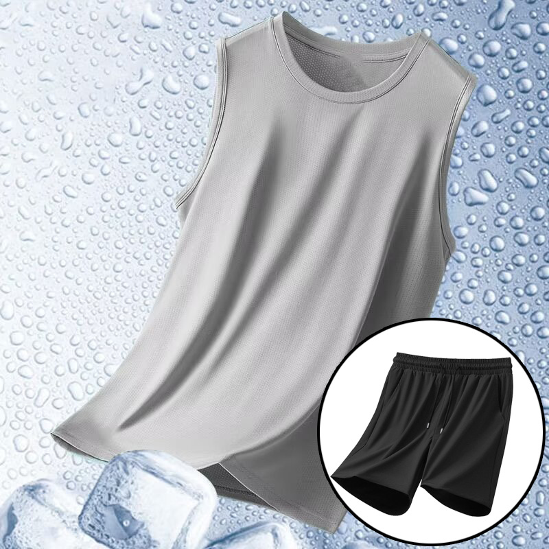 Traje deportivo, chaleco de verano para hombre, pantalones cortos, seda de hielo, secado rápido, sin mangas, ropa de entrenamiento físico, camiseta, comercio exterior, venta al por mayor transfronteriza