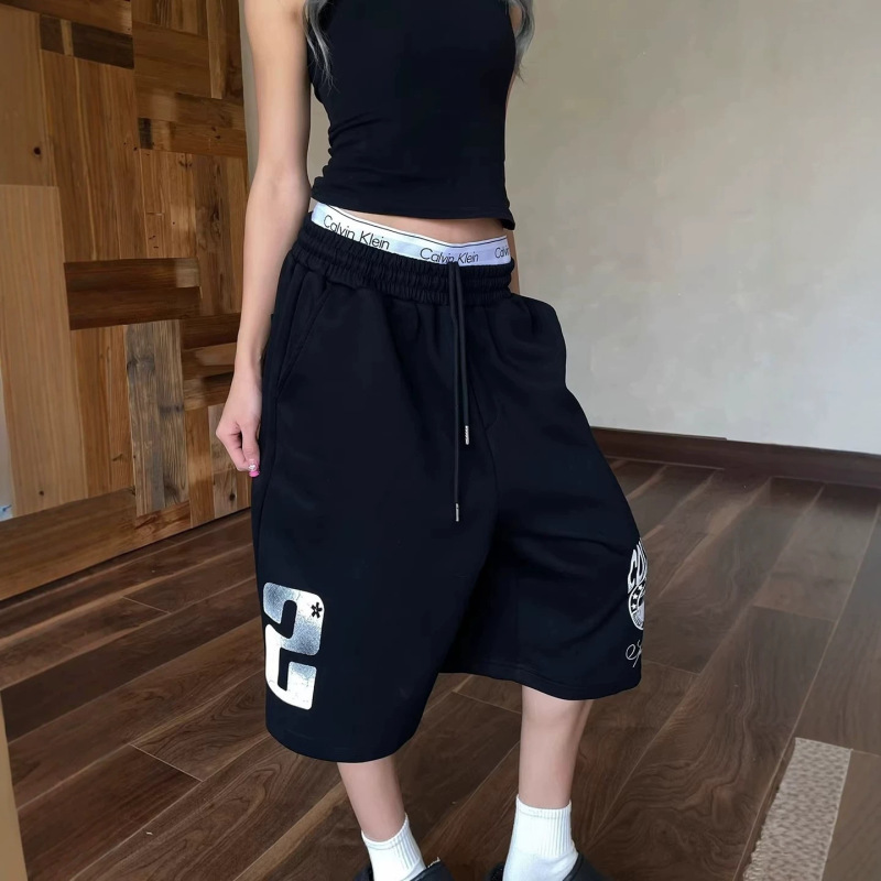Letter-Printed Blue Wide-Leg Pants for Women, Summer Loose Elastic Waist Casual Sports Style Dance Shorts, Black Woolen Fabric Letter-Printed Blue Wide-Leg Pants for Women, Summer Loose Elastic Waist Casual Sports Style Dance Shorts, Black Woolen Fabric