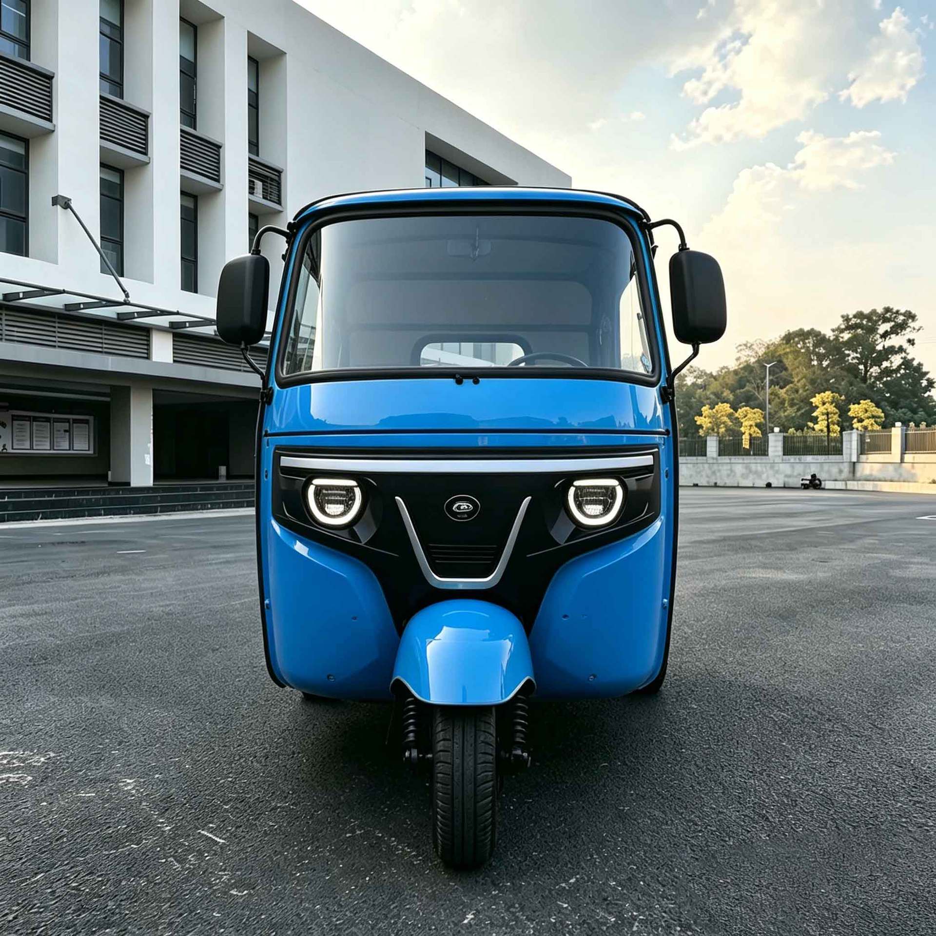 Electric passenger tourist tricycle with front shock absorber and swing arm, passenger-dedicated tuktuk for export, cross-border, blue