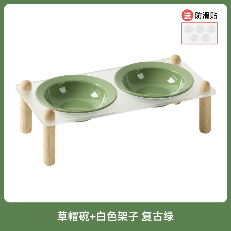 Cuenco de cerámica coreana para gatos, cuenco para mascotas, cuenco para sombreros de paja, pies altos, cuenco de comida para gatos anti-volcado, cuenco de agua para la columna cervical, cuenco doble, cuenco para perros