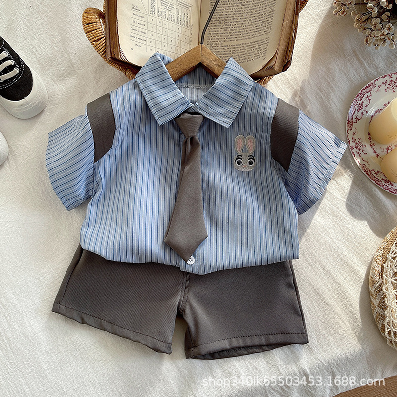 Children's Summer Clothing Wholesale Baby Children's Clothing Campus Style Male and Female Baby Short-Sleeved Tie Shirt Thin Two-Piece Set for Children