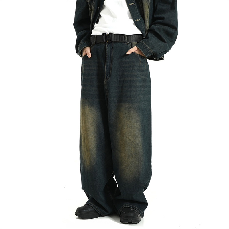 Estilo de la calle retro pantalones vaqueros rectos de los hombres y las mujeres de hip hop INS de moda lavados en apuros sueltos del todo-fósforo Pantalones rectos