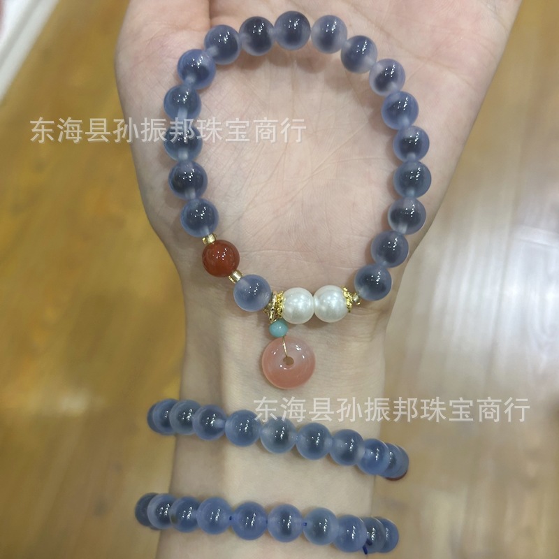 Temple with natural blue sugar heart agate bracelet female half sugar four-leaf clover good luck peach peach retro bracelet wholesale