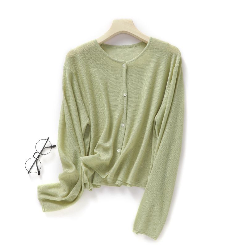 [Brand Selection] Ice Silk Knitted Cardigan for Women, Thin Round Neck Loose Sun Protection Air Conditioning Shirt, Mulberry Silk Top for Summer