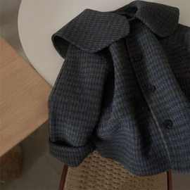 女童格子秋冬夹棉毛呢外套2025新款翻领短款海军领洋气时髦外套男