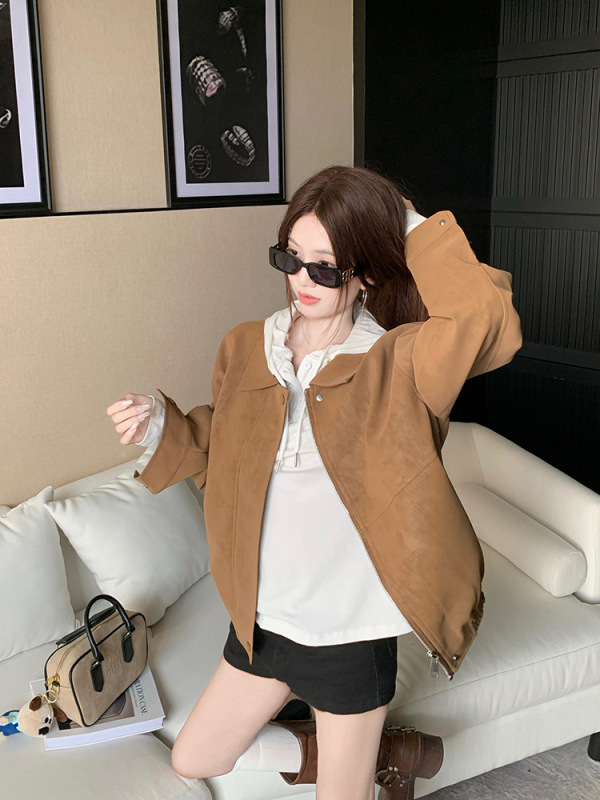 美拉德复古仿麂皮绒长袖外套女2025秋季新款宽松翻领休闲机车夹克|undefined