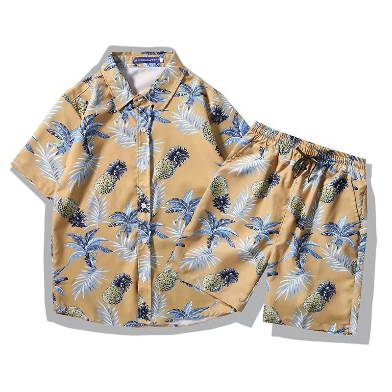 Men's Hawaiian Floral Shirt Short Sleeved Loose Fit Plus Size Beachwear Set Couple Style Retro Trendy Hong Kong Shorts_voghion.com