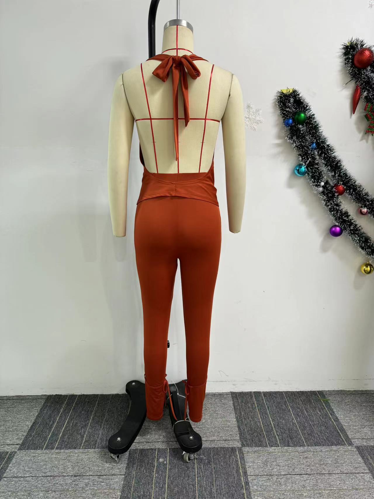 Solid Color Stretch Halter Backless Top Trousers Two Piece Set