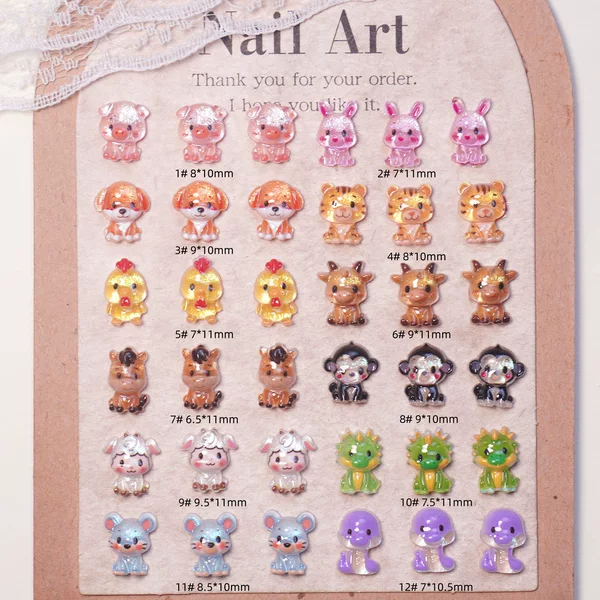 Trendy Japanese-Style Cartoon Nail Art Decorations, Cute 3D Twelve Zodiac Resin Accessories, Small Parts for DIY Earrings