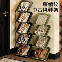 门口藤编倾斜鞋架多层家用小窄省空间玄关鞋架中古风简易鞋架宿舍