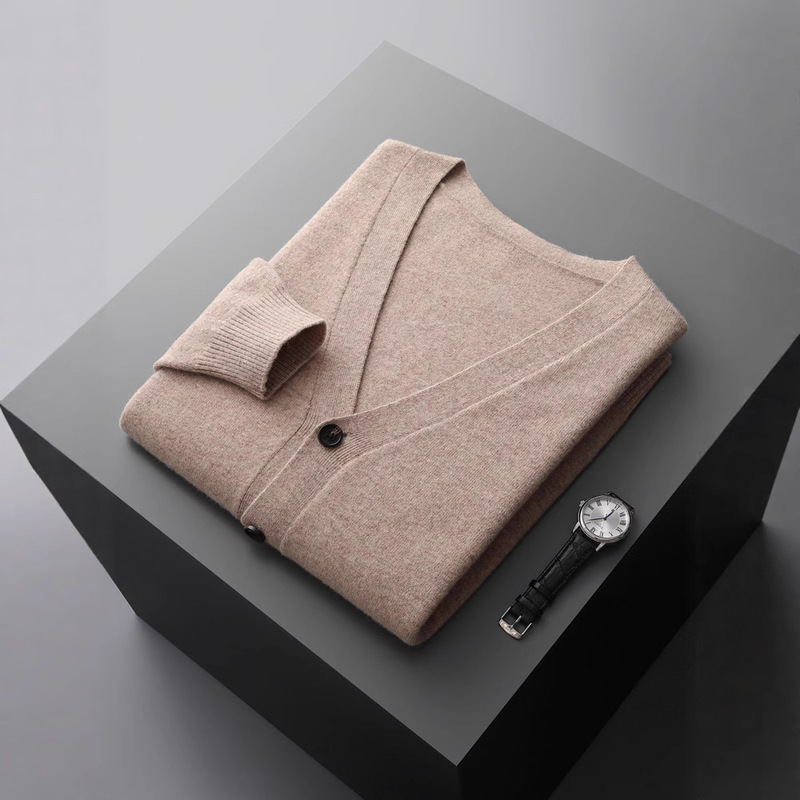 Spring and Autumn New Wool Cardigan Men's V-neck Thin Knitted Sweater Jacket Loose Long Sleeve Cashmere Sweater Youth plus size